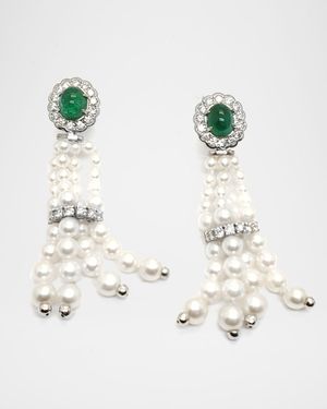 18K White Gold Diamond and Emerald Earrings with Freshwater Pearls