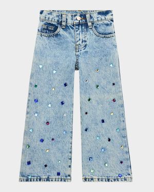 Girl's Bejeweled Wide-Leg Denim Jeans, Size 2-6