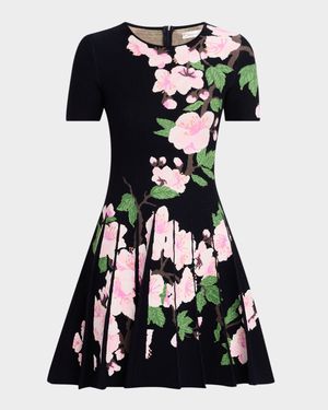 Cherry Blossom Jacquard Knit Pleated Mini Dress