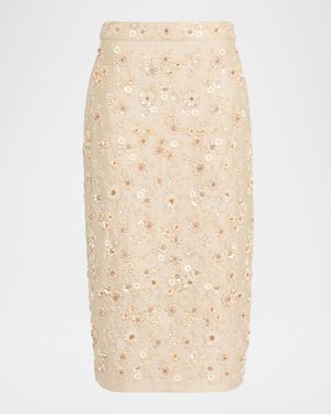 Floral Embroidered Silk Midi Skirt