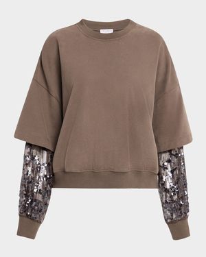 Crewneck Top with Sheer Sequined Raindrop Sleeves