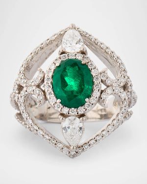 18K White Gold Oval Emerald and Diamond Statement Ring, Size 5.75