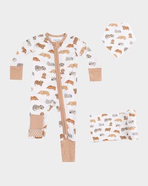 Boy's Napping Puppies 2-Way Zip Footie Romper, Swaddle Blanket & Bandana Bib, Size 0M-24M