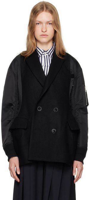 sacai Black Wool Melton & Nylon Twill Quilted Coat