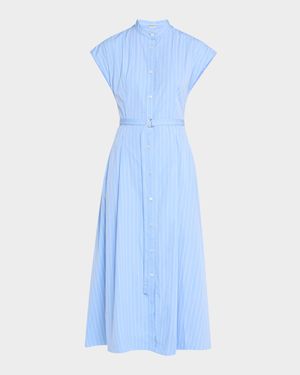 Dejeuner Striped Poplin Cap-Sleeve Midi Shirtdress With Belt