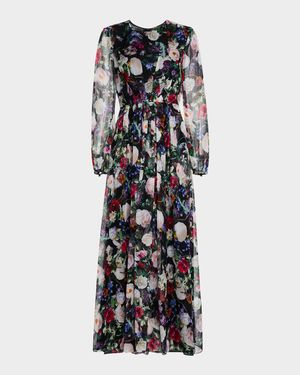 Paravicini Floral Long-Sleeve Silk Chiffon Maxi Dress