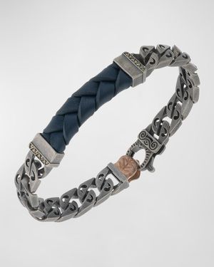 Men's Flaming Tongue Leather Chain Bracelet with Yellow Sapphires, Oxidized Silver