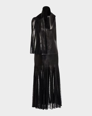 The Blythe Lace-Inset Scarf-Neck Leather Maxi Dress