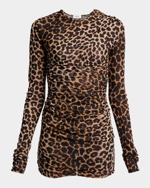 Leopard-Print Ruched Long-Sleeve Mini Dress
