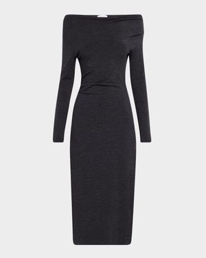 Draped Off-The-Shoulder Wool Jersey Midi Dress