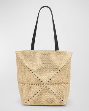 x Paula's Ibiza Medium Puzzle Fold Tote Bag in Raffia with Leather Handles