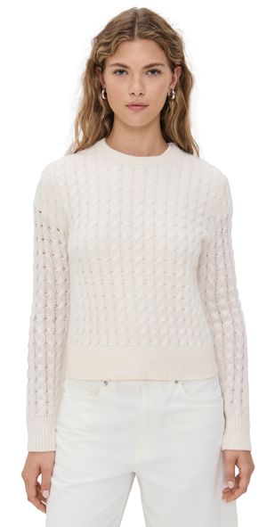White & Warren Cashmere Cable Shrunken Crew Sweater Soft White L
