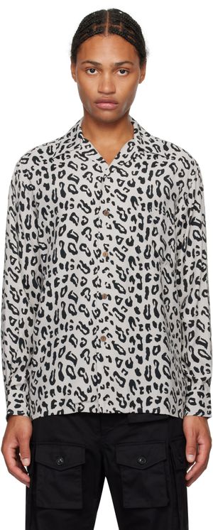 WACKO MARIA Chemise grise à col ouvert et à motif léopard