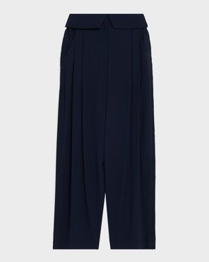 Foldover-Waist Pleated Wide-Leg Pants