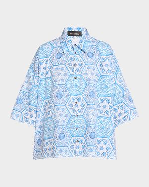 Sloped Shoulder Wide A-Line Printed Shirt