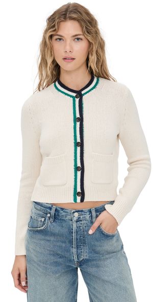 White & Warren Lofty Cotton Crochet Trim Cardigan Ivory/Navy/Teal M