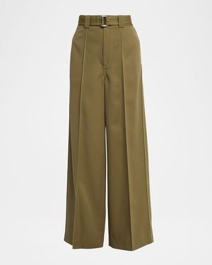 Belted Pintuck Wool Twill Wide-Leg Pants