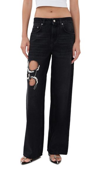 AREA Crystal Chain Cutout Relaxed Jeans Washed Black 25