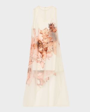Burnt Floral Organza Asymmetric Gown