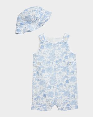 Boy's Printed Bubble Romper w/ Hat Set, Size 3M-24M