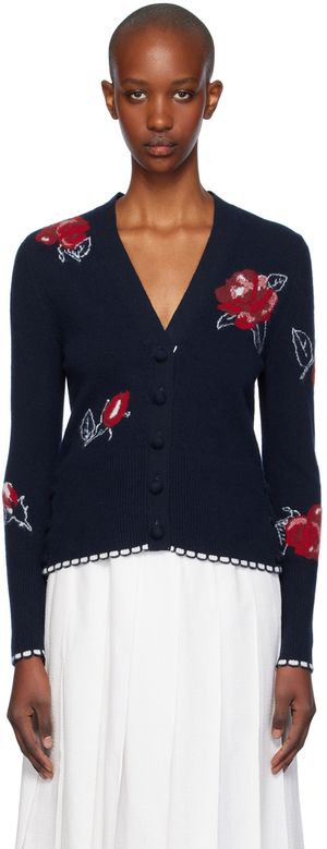 Thom Browne Navy Wool Brushed Rose Cardigan