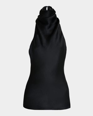 Crepe Satin Halter Cowl-Neck Top