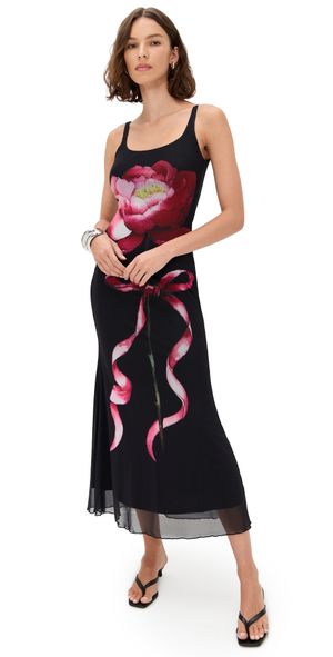 Another Girl Digital Flower Print Mesh Midi Dress Black XS
