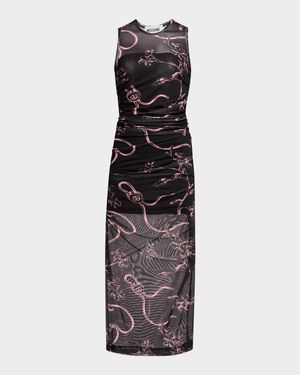 Ruched Floral Tulle Midi Dress