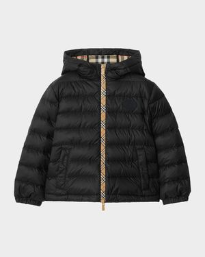 Boy's Checker-Tape Nylon Hooded Puffer Jacket, Size 4-14