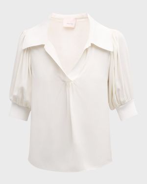 Weldon Collared V-Neck Short-Sleeve Silk Combo Top