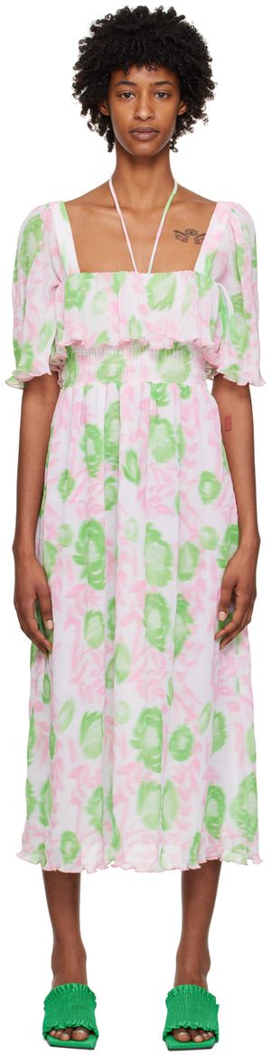 GANNI Pink & Green Smock Midi Dress