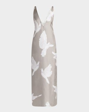 Dove Print Lace Trim Silk Slip Dress