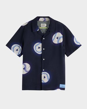 Boy's Baseball-Print Button-Front Shirt, Size 4-12