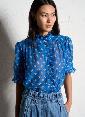 Suzie Winkle - Top droit imprimé à volants - Taille 40 - Bleu