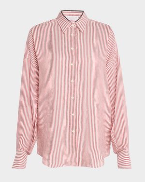 Stripe Button Down Linen Shirt with Piping Collar
