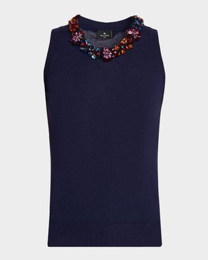 Sequined Neck Silk-Cashmere Tank Top