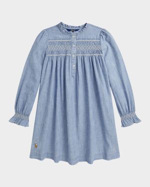 Girl's Smocked Cotton Chambray Babydoll Dress, Size 7-14
