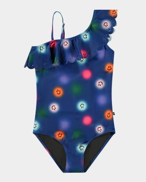 Girl's Net Ruffled One-Shoulder One-Piece Swimsuit, Size 3-7