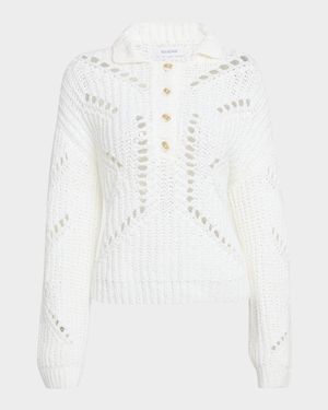 Ribbed Open-Stitch Quarter Button Sweater