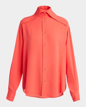 Exaggerated Collar Semi Sheer Button-Down Blouse