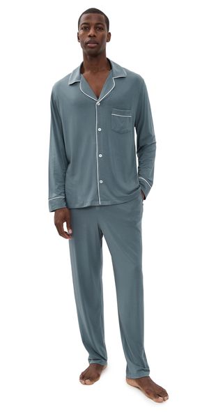 Eberjey William Long Pajama Set Stone Blue/Ivory S