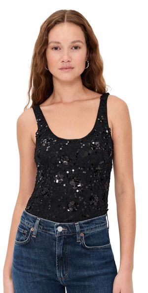 Generation Love Dina Sequin Lace Thong Bodysuit Black L