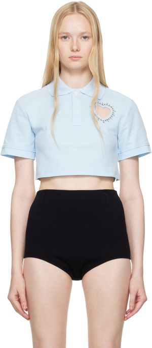 AREA Polo écourté bleu à découpe de cœur à appliqués facettés