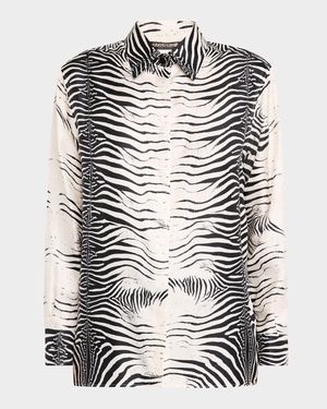 Zebra-Print Button-Down Silk Shirt