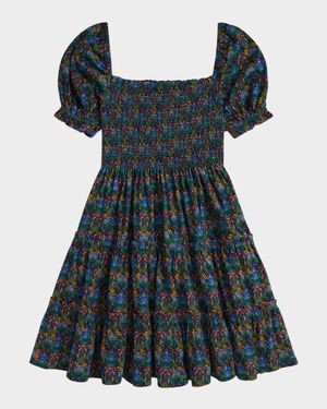 Girl's Smocked Floral Cotton Jersey Dress, Size S-XL