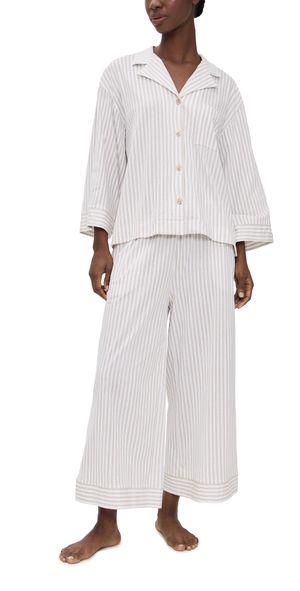 Petite Plume Pima Olivia Pajama Set in Camel Ticking Stripe Camel L