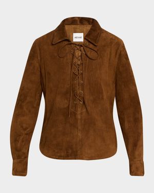 Long-Sleeve Lace-Up Suede Top