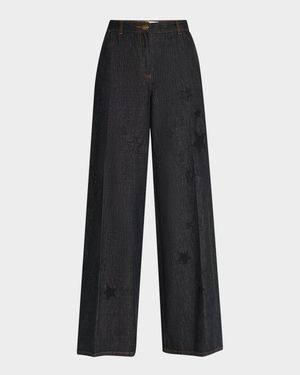 Star Embroidered Denim Wide-Leg Pants