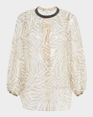 Monili-Collar Animalier-Print Organza Button-Front Top