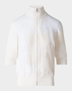 Trapeze Jacquard Elbow-Sleeve Zip Cardigan